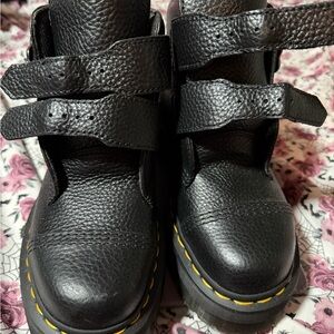 Dr. Martens Black Leather Double-Strap Boots with Yellow Stitching